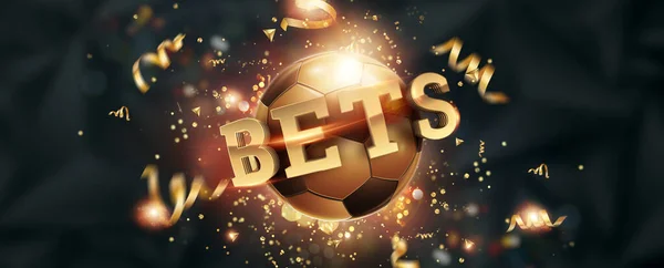 Gold Lettering Bets against soccer ball and dark background. Bets, sports betting, watch sports and bet. Flyer, design, layout. 3D design, 3D illustration