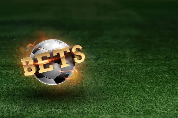 Golden Lettering Bets with soccer ball and green lawn background. Bets, sports betting, watch sports and bet.