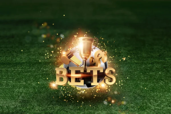 Golden Lettering Bets with soccer ball and green lawn background. Bets, sports betting, watch sports and bet.