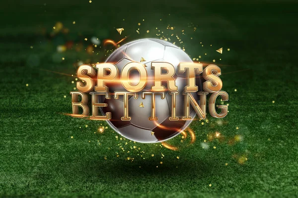 Gold Lettering Sports Betting on the background of a soccer ball and green lawn. Bets, sports betting, watch sports and bet.