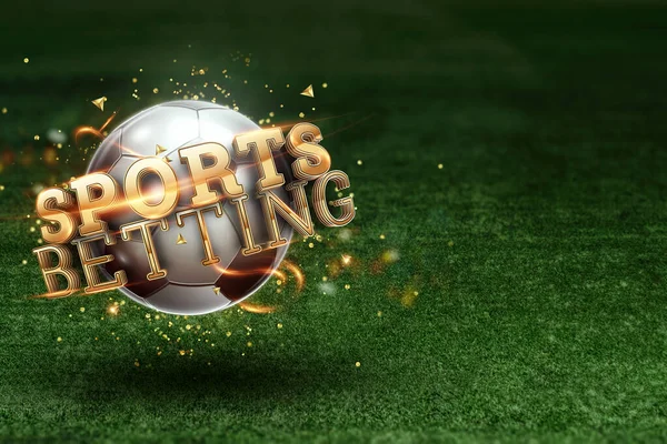 Gold Lettering Sports Betting on the background of a soccer ball and green lawn. Bets, sports betting, watch sports and bet.