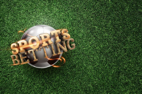Gold Lettering Sports Betting on the background of a soccer ball and green lawn. Bets, sports betting, watch sports and bet. flat lay, top view