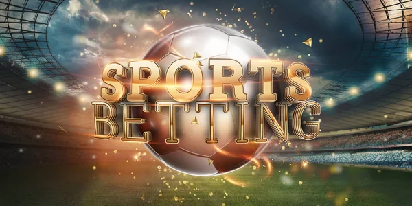 Gold Lettering Sports Betting Background with Soccer Ball and Stadium. Bets, sports betting, watch sports and bet. — Stock Photo, Image