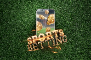 Gold inscription Sports Betting on a smartphone on a background of green grass. Bets, sports betting, bookmaker. Mixed media clipart
