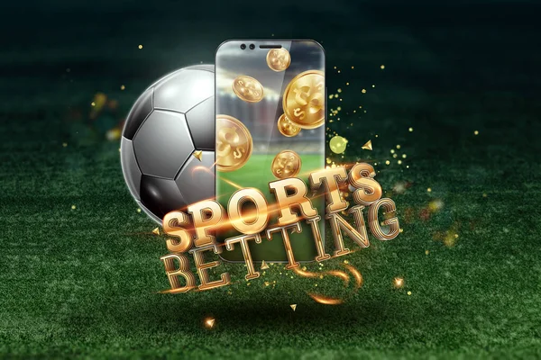 金牌题词体育博彩在智能手机上的绿草背景。 踢，体育赌博，赌博。 混合媒体 — 图库照片