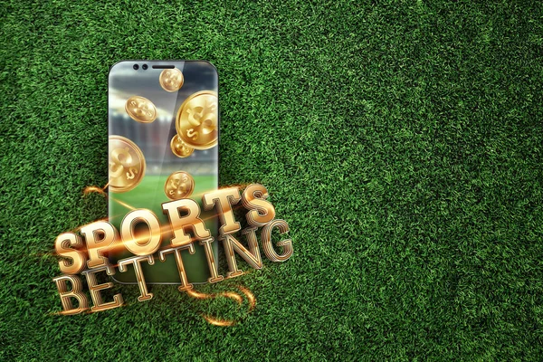 Guldinskription Sportspel på en smartphone på en bakgrund av grönt gräs. Spel, sportspel, bookmaker. Blandade medier — Stockfoto