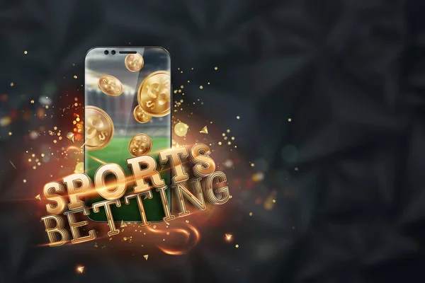 金牌题词体育赌博在智能手机上在黑暗的背景。 踢，体育赌博，赌博。 3D设计，3D插图 — 图库照片