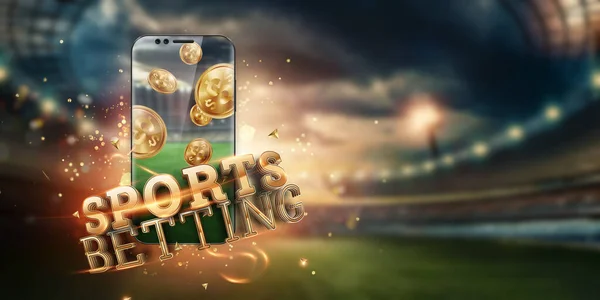 金牌题词《体育博彩》在体育场后面的智能手机上。 踢，体育赌博，赌博。 混合媒体 — 图库照片