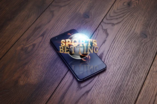 Smartphone op een houten tafel. Gouden inscriptie sportweddenschappen. Wedden, sportweddenschappen, bookmaker. Gemengde media — Stockfoto