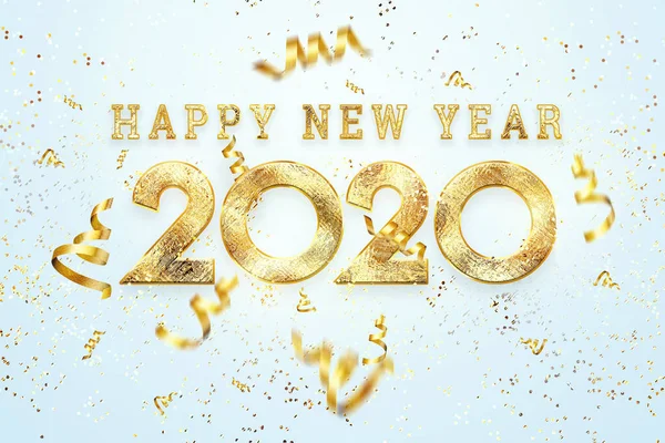 Golden New Year 2020 sign on a light background with sweets and gift bow. 3D Illustration 3D rendering, Happy New Year, Merry Christmas.