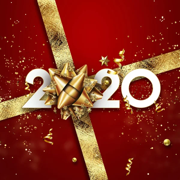 Ano Novo de Ouro 2020 assinar em um fundo vermelho com doces e arco de presente. Ilustração 3D renderização 3D, Feliz Ano Novo, Feliz Natal . — Fotografia de Stock