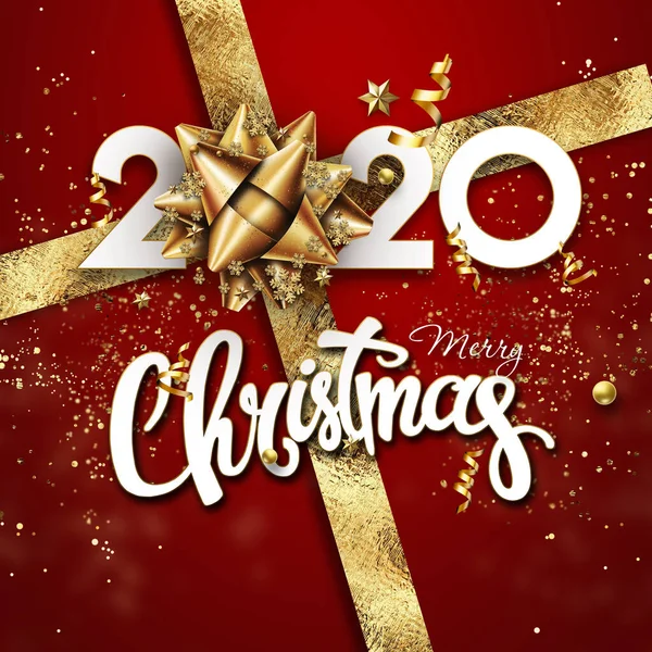 Golden New Year 2020 segno su uno sfondo rosso con dolci e fiocco regalo. Illustrazione 3D rendering 3D, Felice anno nuovo, Buon Natale . — Foto Stock