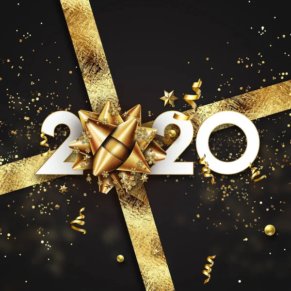 Golden New Year 2020 segno su uno sfondo nero con dolci e fiocco regalo. Illustrazione 3D rendering 3D, Felice anno nuovo, Buon Natale . — Foto Stock