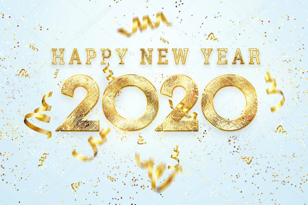 Golden New Year 2020 sign on a light background with sweets and gift bow. 3D Illustration 3D rendering, Happy New Year, Merry Christmas.