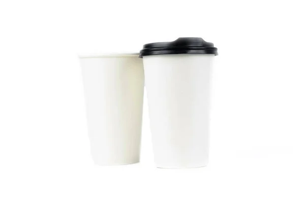 Ряд Бумажных Чашки Кофе Белом Фоне Очки Кофе Чая Различных — стоковое фото
