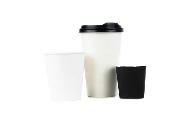 Een Rij Papieren Koffiekopjes Een Witte Achtergrond Bril Voor Koffie — Stockfoto