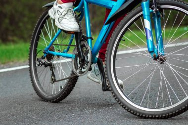 Bacakların yakın çekimde bisikletin pedallarında, ormanda yolda giderken. Sağlıklı yaşam tarzı konsepti, kardiyo eğitimi. Kopyalama alanı