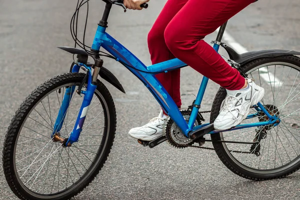 Ноги Педалях Велосипеда Крупным Планом Езда Дороге Лесу Концепция Здорового — стоковое фото