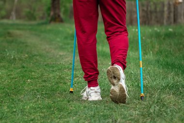 İskandinav yürüyüşü, sopalar, bacaklar. Sağlıklı yaşam tarzı konsepti, kardiyo eğitimi. Kopyalama alanı