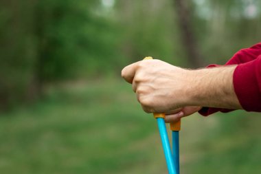 İskandinav yürüyüşü, sopalar, eller yakın plan. Sağlıklı yaşam tarzı konsepti, kardiyo eğitimi. Kopyalama alanı