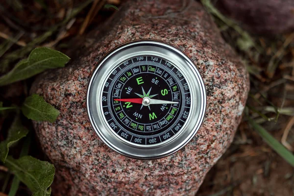 Magnetic Silver Compass Background Greenery Concept Travel Finding Way Vacation — Stock Photo, Image