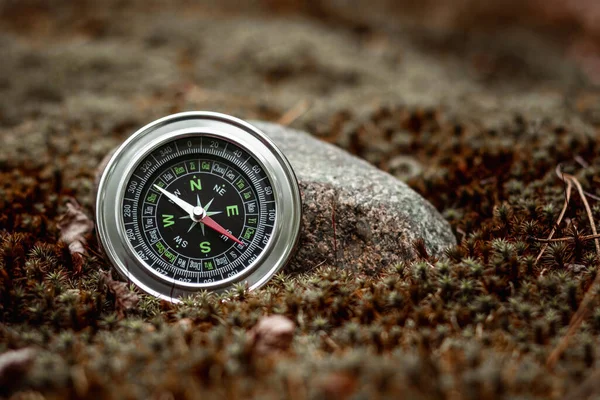 Magnetisch Zilveren Kompas Een Achtergrond Van Groen Het Concept Van — Stockfoto