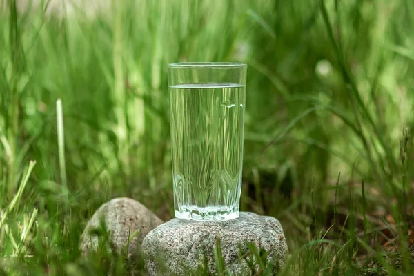 Szklanka Czystej Wody Zielonym Tle Koncepcja Produktów Naturalnych Bez Konserwantów — Zdjęcie stockowe
