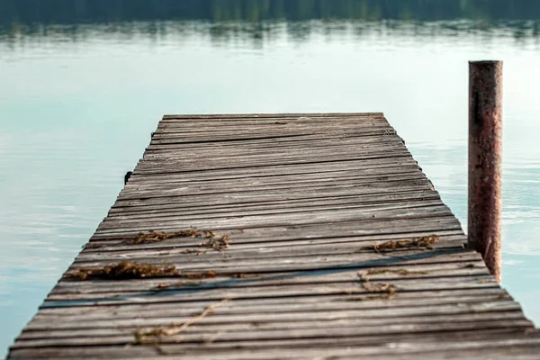 Wooden Pier Background Beautiful Lake Summer Dawn Landscape Copy Space — Stock Photo, Image