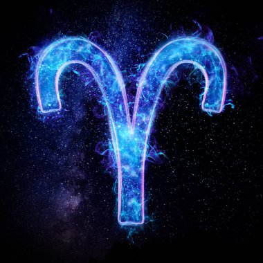 Koç burcu simgesi simgesi, yıldızlı gökyüzünün karanlık arka planında mavi neon hologram, burç işaretleri. Kader konsepti, kehanetler, falcı. 3 boyutlu grafikler, 3 boyutlu illüstrasyon