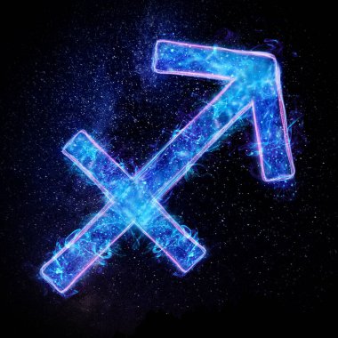 Yay burcu burcu simgesi, yıldızlı gökyüzünün karanlık arka planında mavi neon hologram, burç işaretleri. Kader konsepti, kehanetler, falcı. 3 boyutlu grafikler, 3 boyutlu illüstrasyon