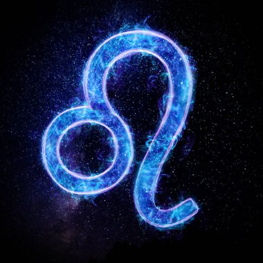 Leo Zodiac işaret simgesi, yıldızlı gökyüzünün karanlık arka planında mavi neon hologram, burç işaretleri. Kader konsepti, kehanetler, falcı. 3 boyutlu grafikler, 3 boyutlu illüstrasyon