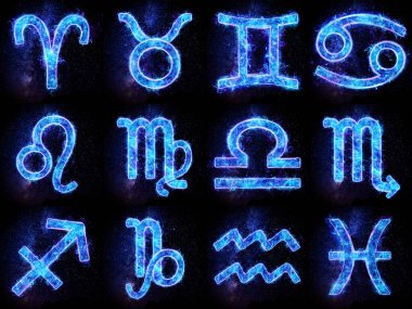 12 burç seti, burç işaretleri, karanlık bir arkaplanda neon hologram. Kader, kehanetler, falcı. 3 boyutlu grafikler, 3 boyutlu illüstrasyon
