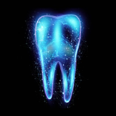 Neon bir hologram dişi. Tıp konsepti, yeni teknolojiler, ağız bakımı, diş protezleri, fotokopi alanı. 3B illüstrasyon, 3B grafikler