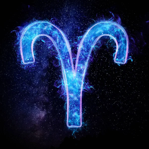 Aries zodiac sign icon, blue neon hologram on a dark background of the starry sky, horoscope signs. The concept of fate, predictions, fortune teller. 3D graphics, 3D illustration