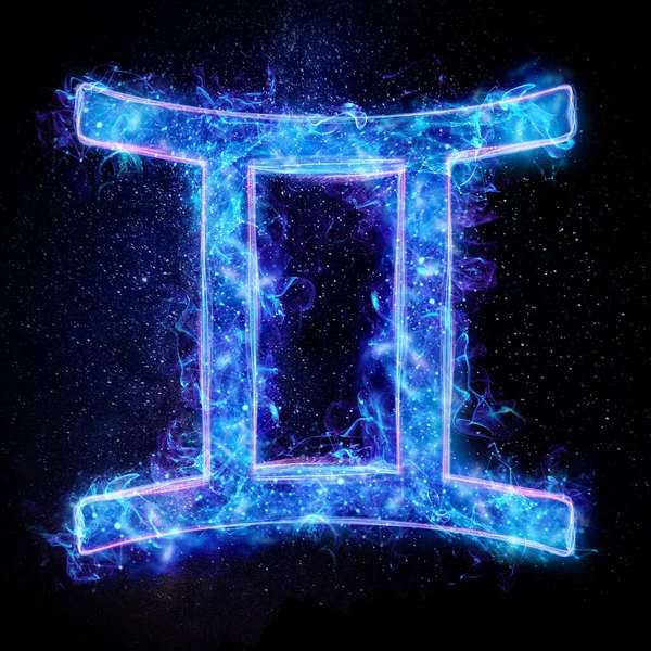 Ícone Signo Zodíaco Gêmeos Holograma Néon Azul Fundo Escuro Céu — Fotografia de Stock