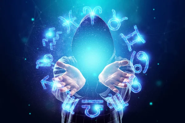 Sorcerer Magician Signs Zodiac Hologram Neon Horoscope Signs Blue Background — Stock Photo, Image