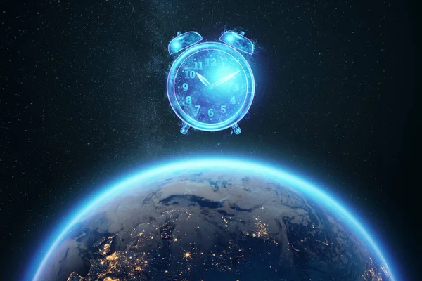 Zeitmanagement Konzept Hologramm Wecker Bild Auf Dem Hintergrund Des Globus — Stockfoto