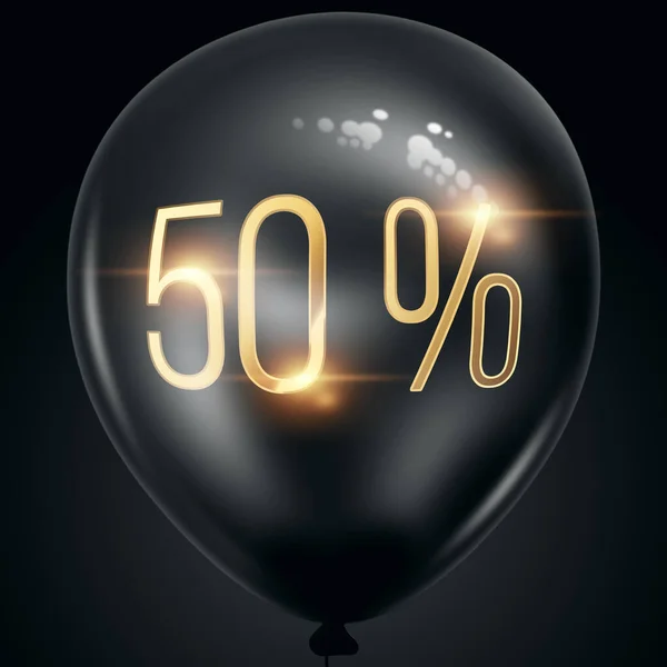 Black friday sale, dark glossy balloon with the inscription 50 percent discount and hot sale on a dark background, golden confetti. Black friday banner. 3D illustration, 3D render, copy space