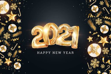 Yeni yılınız kutlu olsun, 2021 yazıtları koyu arkaplanlı, yaratıcı bir geçmişi olan altın balonlar. Beyaz boğa yılı, el ilanı, poster. 3B illüstrasyon, 3B canlandırma