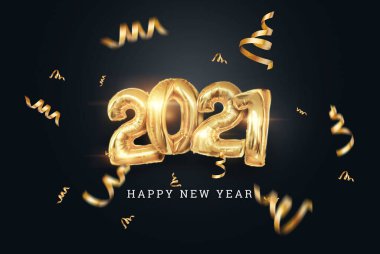 Yeni yılınız kutlu olsun, 2021 yazıtları koyu arkaplanlı, yaratıcı bir geçmişi olan altın balonlar. Beyaz boğa yılı, el ilanı, poster. 3B illüstrasyon, 3B canlandırma