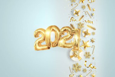 Mutlu yıllar, 2021 yazıtları hafif arka plan, konfeti, yaratıcı arka plan. Beyaz boğa yılı, el ilanı, poster. 3B illüstrasyon, 3B canlandırma