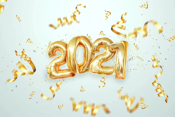 Καλή Χρονιά Επιγραφή 2021 Χρυσά Μπαλόνια Ελαφρύ Φόντο Κομφετί Δημιουργικό — Φωτογραφία Αρχείου