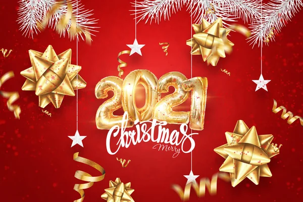 Szczęśliwego Nowego Roku Napis 2021 Złote Balony Czerwonym Tle Twórcze — Zdjęcie stockowe