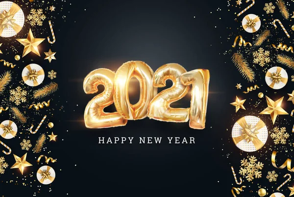 Happy New Year Inscription 2021 Golden Balloons Dark Background Creative — Stock Photo, Image