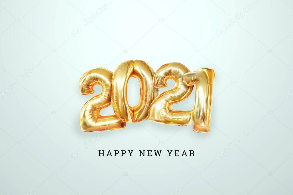 Inscription 2021 gold balloons on a light background, creative background. Happy new year, year of the white bull, flyer, poster. 3D illustration, 3D render