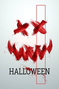 Yaratıcı Cadılar Bayramı Afişi. Hafif bir arkaplanda cadılar bayramı ve kan yazılı. Dikey uçucu, web sitesi başlığı. Uzayı kopyala, 3 boyutlu illüstrasyon, 3 boyutlu görüntüleme