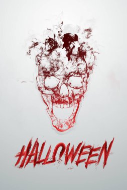 Yaratıcı Cadılar Bayramı Afişi. Hafif bir arkaplanda Cadılar Bayramı ve Kafatası yazıları var. Dikey uçucu, web sitesi başlığı. Uzayı kopyala, 3 boyutlu illüstrasyon, 3 boyutlu görüntüleme