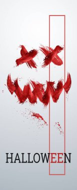 Yaratıcı Cadılar Bayramı Afişi. Hafif bir arkaplanda cadılar bayramı ve kan yazılı. Dikey uçucu, web sitesi başlığı. Uzayı kopyala, 3 boyutlu illüstrasyon, 3 boyutlu görüntüleme