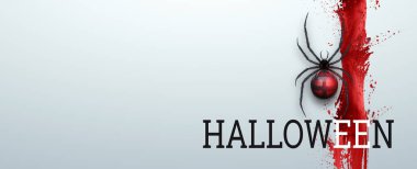 Cadılar Bayramı için pankart. Beyaz arka planda kırmızı bir cadılar bayramı yazılıydı. Kan, örümcek. Yatay broşür, web sitesi başlığı. Uzayı kopyala, 3 boyutlu illüstrasyon, 3 boyutlu görüntüleme