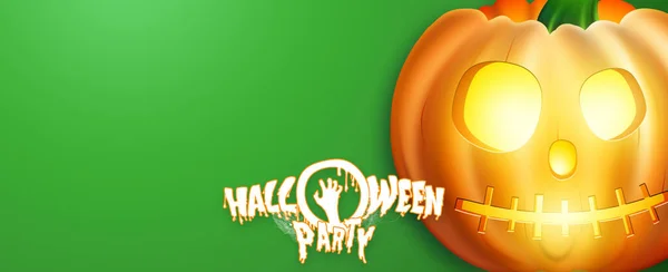 Happy Halloween Banner Realistisches Bild Eines Orangen Kürbisses Auf Grünem — Stockfoto
